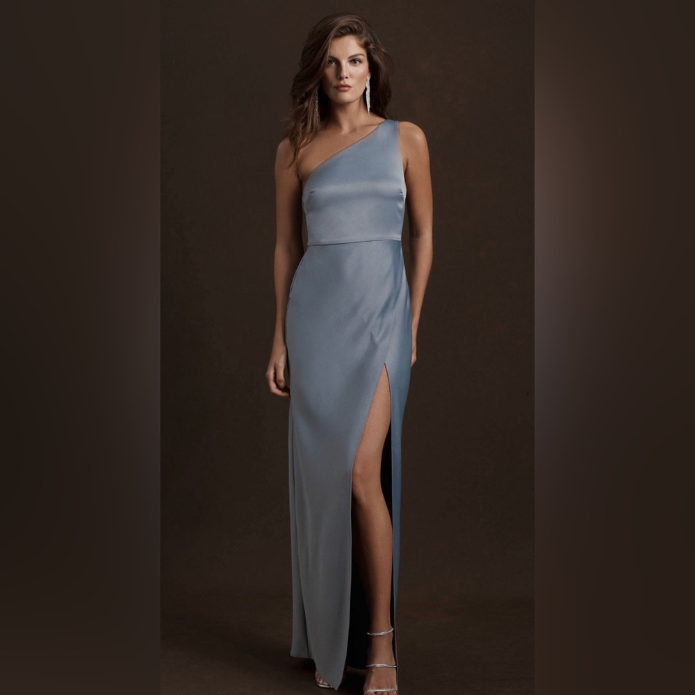BHLDN Dylan One-Shoulder Satin Side-Slit Gown in Dusty Blue.